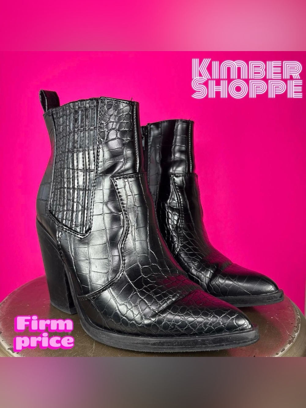 ASOS Elliot Croc Embossed Black Faux Leather Western Heeled Ankle Boot UK 3 US 5